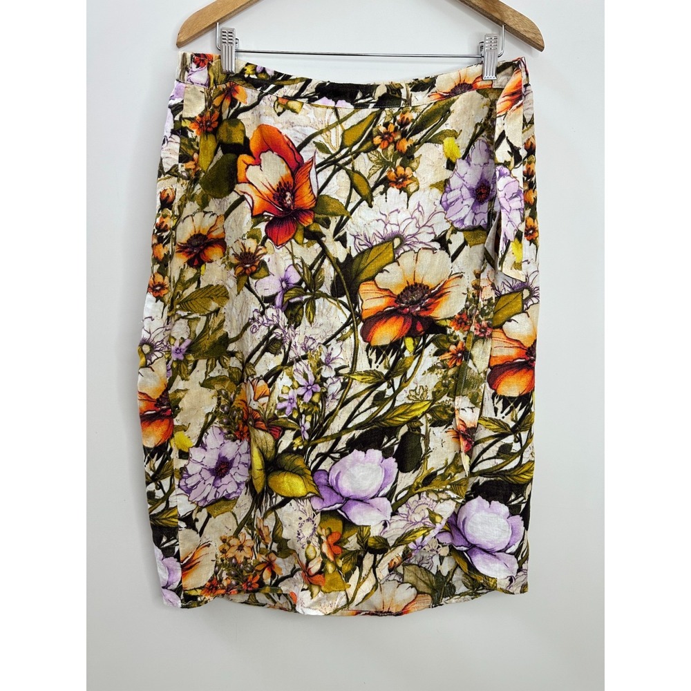 Chico's 100% Linen Floral Faux Wrap Tie Skirt Size 2P US 12 14 Petite Resortwear - Picture 9 of 9